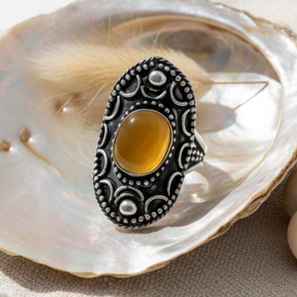 🆕️ Boho Vintage Statement Ring | Yellow Onyx Gemstone | Adjustable Size 8-10 - Picture 1 of 14